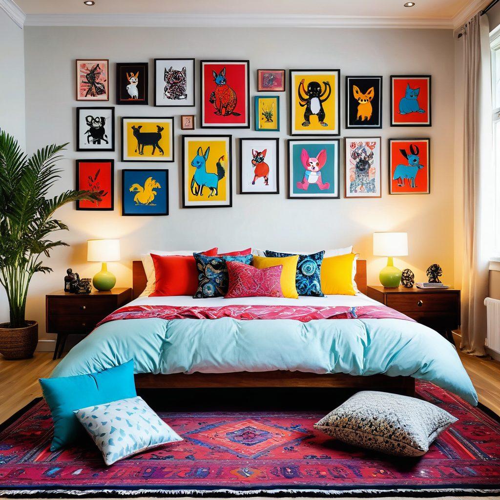 A vibrant and eclectic room featuring unique home decor inspired by hentai art, showcasing colorful wall art, playful furniture, and whimsical accessories that blend Asian-inspired elements with modern design. Include soft lighting that creates an inviting atmosphere and playful touches like plush toys or themed cushions. The setting should evoke creativity and individuality, with an inviting and slightly cheeky vibe. super-realistic. vibrant colors. playful style.