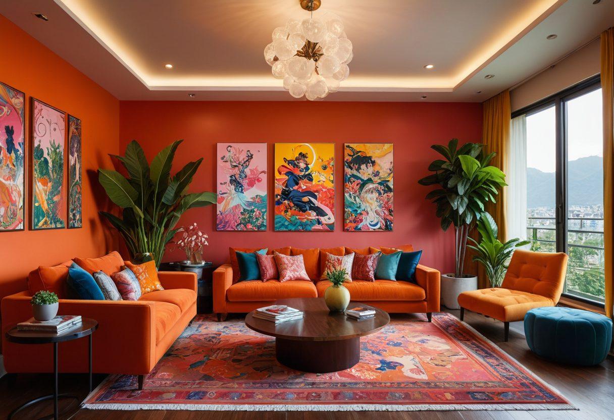 A vibrant and eclectic living room showcasing Hentai-inspired decor elements, including bold and colorful wall art, unique furniture pieces shaped like anime characters, and playful textiles with intricate patterns. Include soft lighting to create an inviting ambiance, surrounded by indoor plants for a touch of nature. The atmosphere should exude fun and creativity, appealing to those who embrace eccentricity in their home. super-realistic, vibrant colors, modern interior design.
